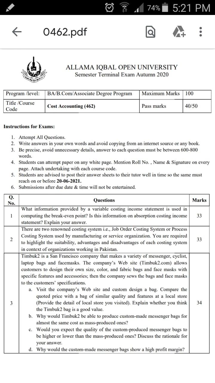 Aiou Exam Question Paper Autumn 2020 - bffcandys