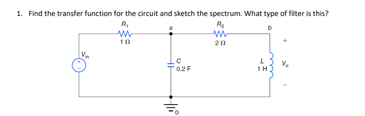 Solved 1. Find the transfer function for the circuit and | Chegg.com