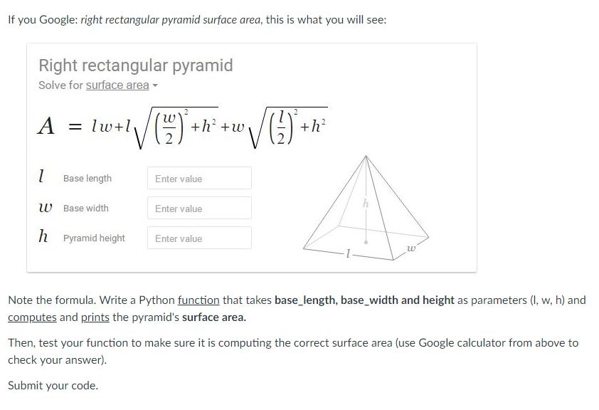 Solved If you Google: right rectangular pyramid surface | Chegg.com