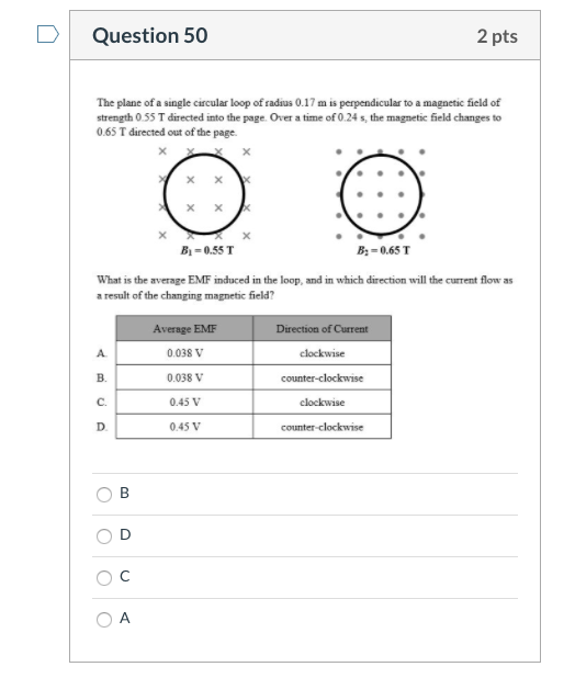 Solved Question 50 2 pts The plane of a single circular loop | Chegg.com