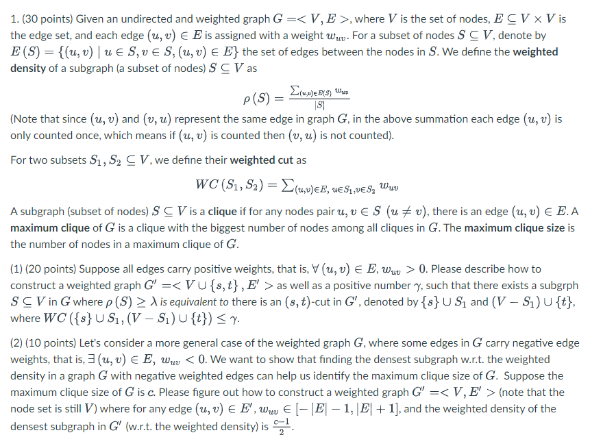 Solved 1. (30 points) Given an undirected and weighted graph | Chegg.com