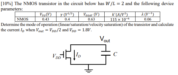 Solved [10%] The NMOS transistor in the circuit below has | Chegg.com