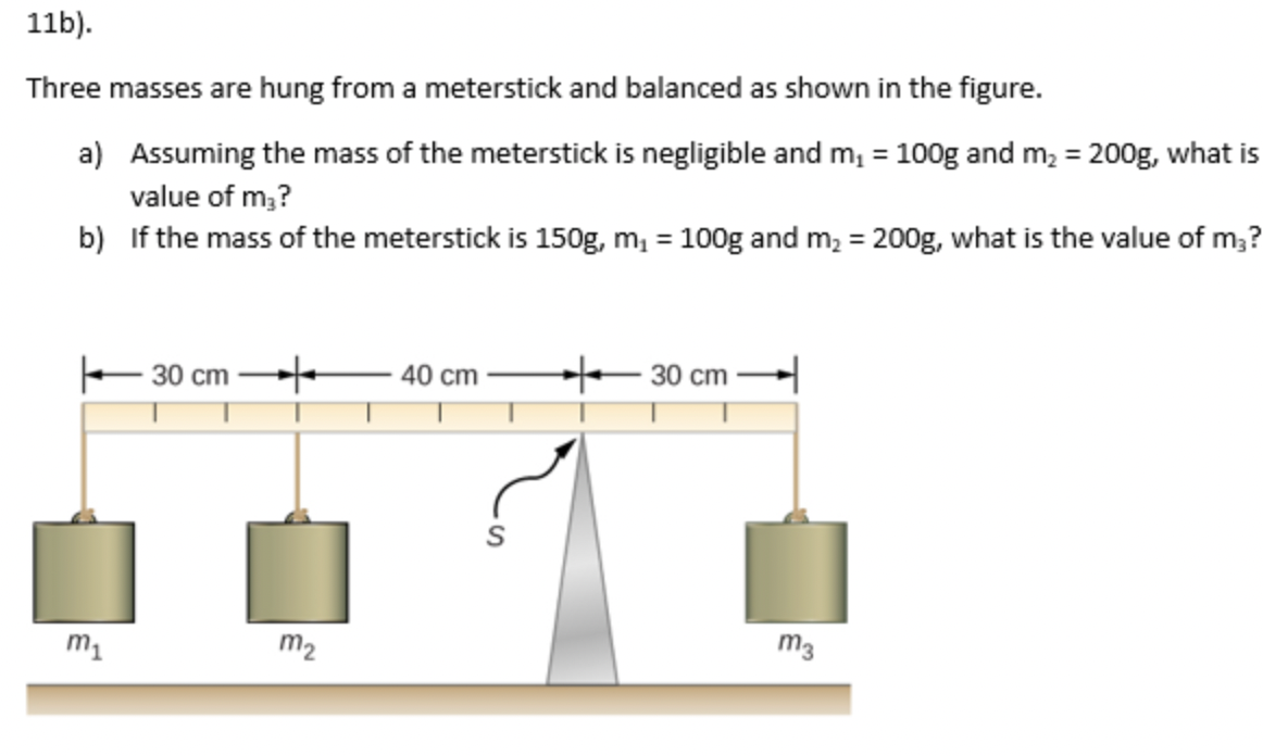 Solved 11b). Three masses are hung from a meterstick and | Chegg.com