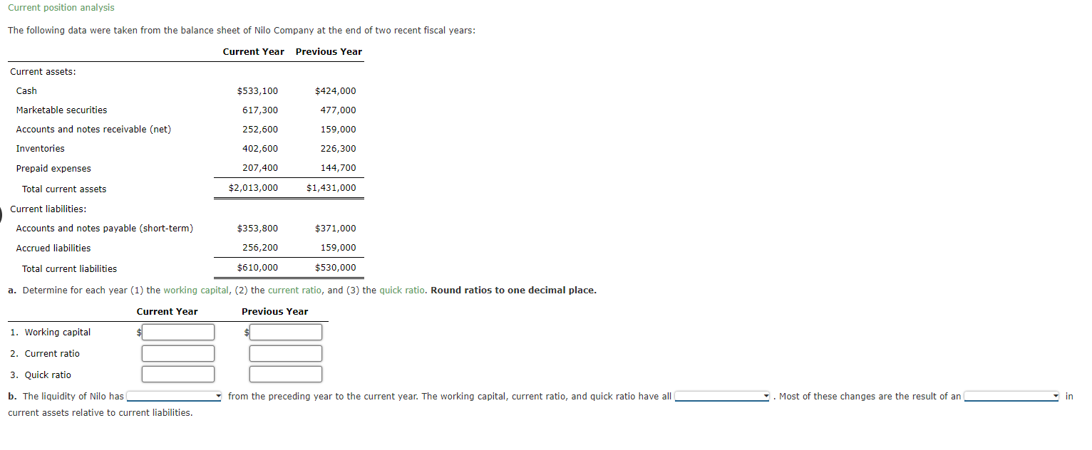 Solved Current position analysis The following data were | Chegg.com