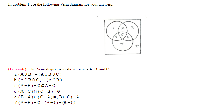 Solved In Problem 1 Use The Following Venn Diagram For Your | Chegg.com