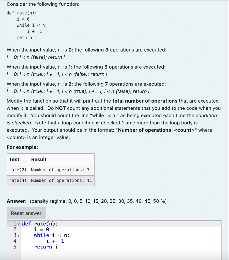 Solved Consider the following function: def rate(n): i = 0 | Chegg.com