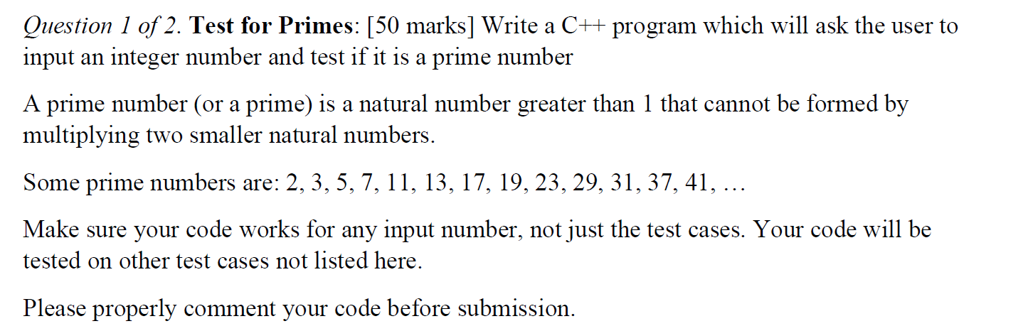 Solved Question 1 of 2. Test for Primes: [50 marks] Write a | Chegg.com