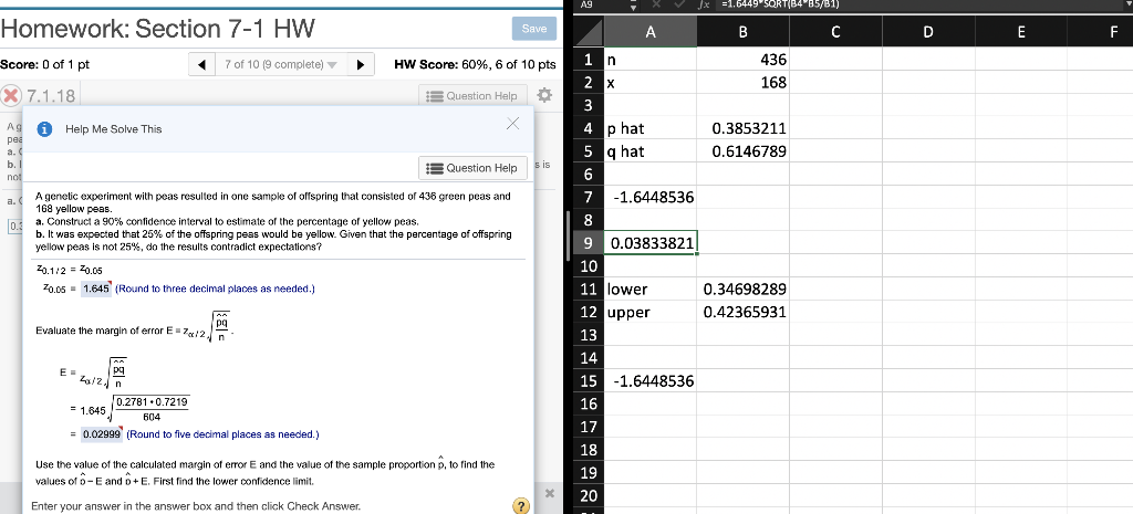 Solved A9 =1.6449 SQRT(B4 B5/B1) Homework: Section 7-1 HW | Chegg.com