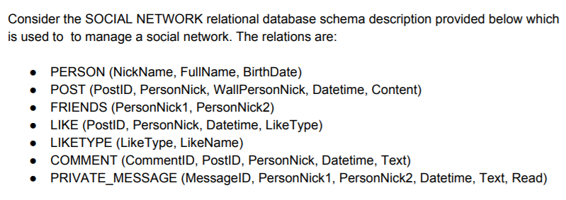 Solved Consider the SOCIAL NETWORK relational database | Chegg.com
