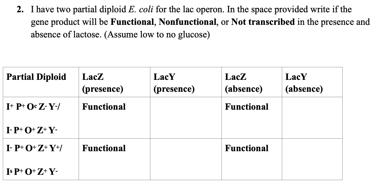 Solved 2. I have two partial diploid E. coli for the lac | Chegg.com