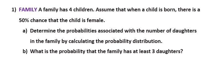 Solved 1) FAMILY A Family Has 4 Children. Assume That When A | Chegg ...