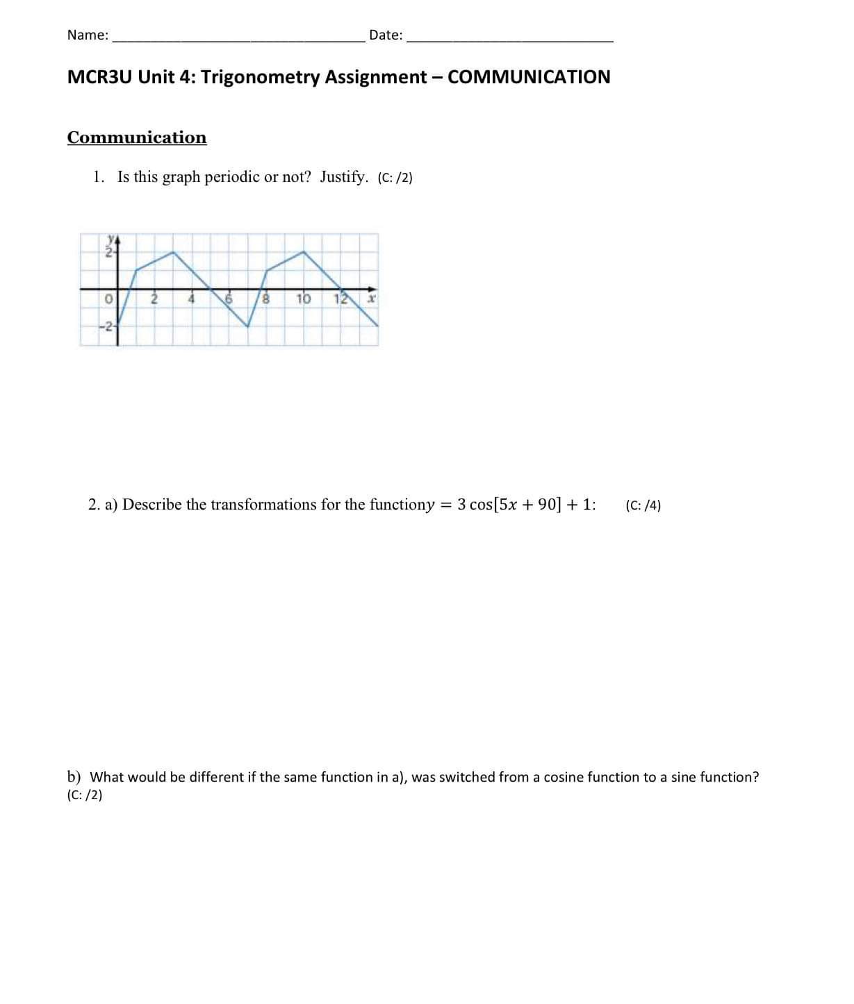 Solved MCR3U Unit 4: Trigonometry Assignment - COMMUNICATION | Chegg.com