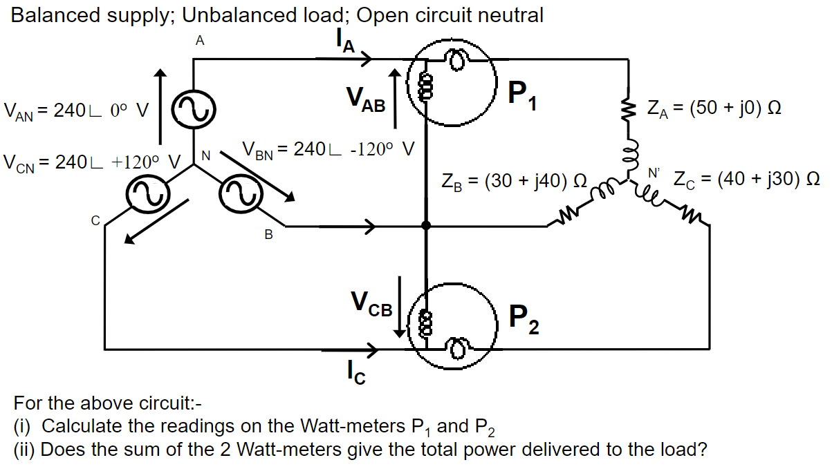 Solved Balanced supply; Unbalanced load; Open circuit