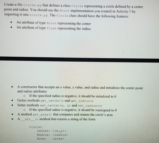 Solved Create a file circle.py that defines a class Circle | Chegg.com