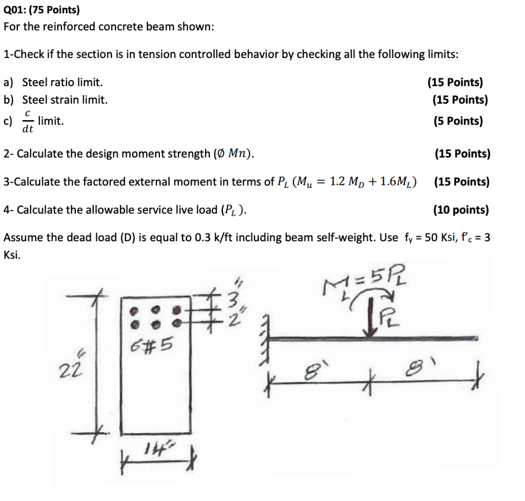 Solved Q01: (75 Points) For The Reinforced Concrete Beam | Chegg.com