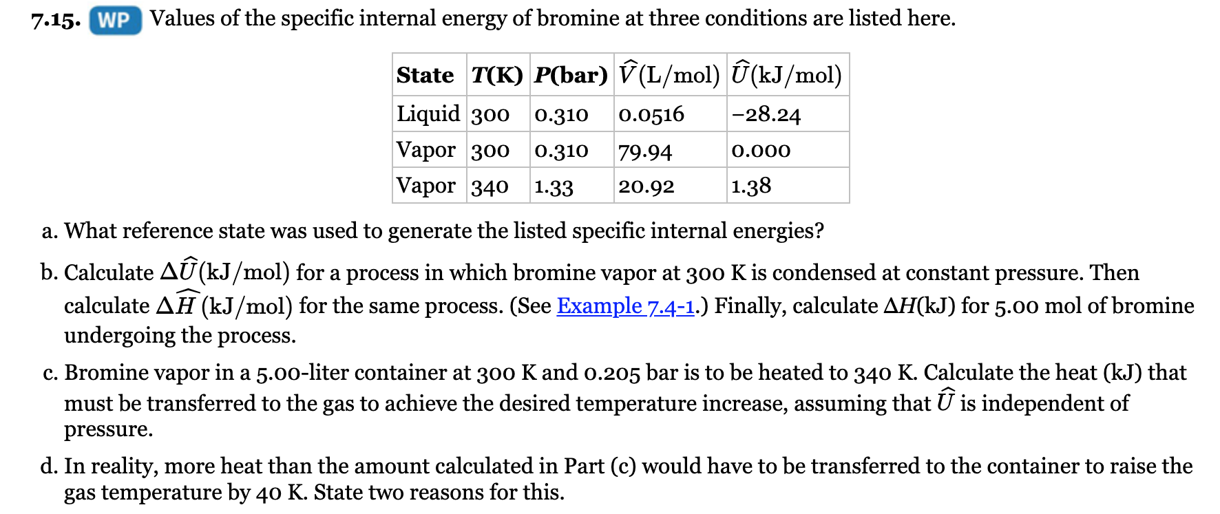 Solved 7 15 Wp Values Of The Specific Internal Energy Of Chegg Com