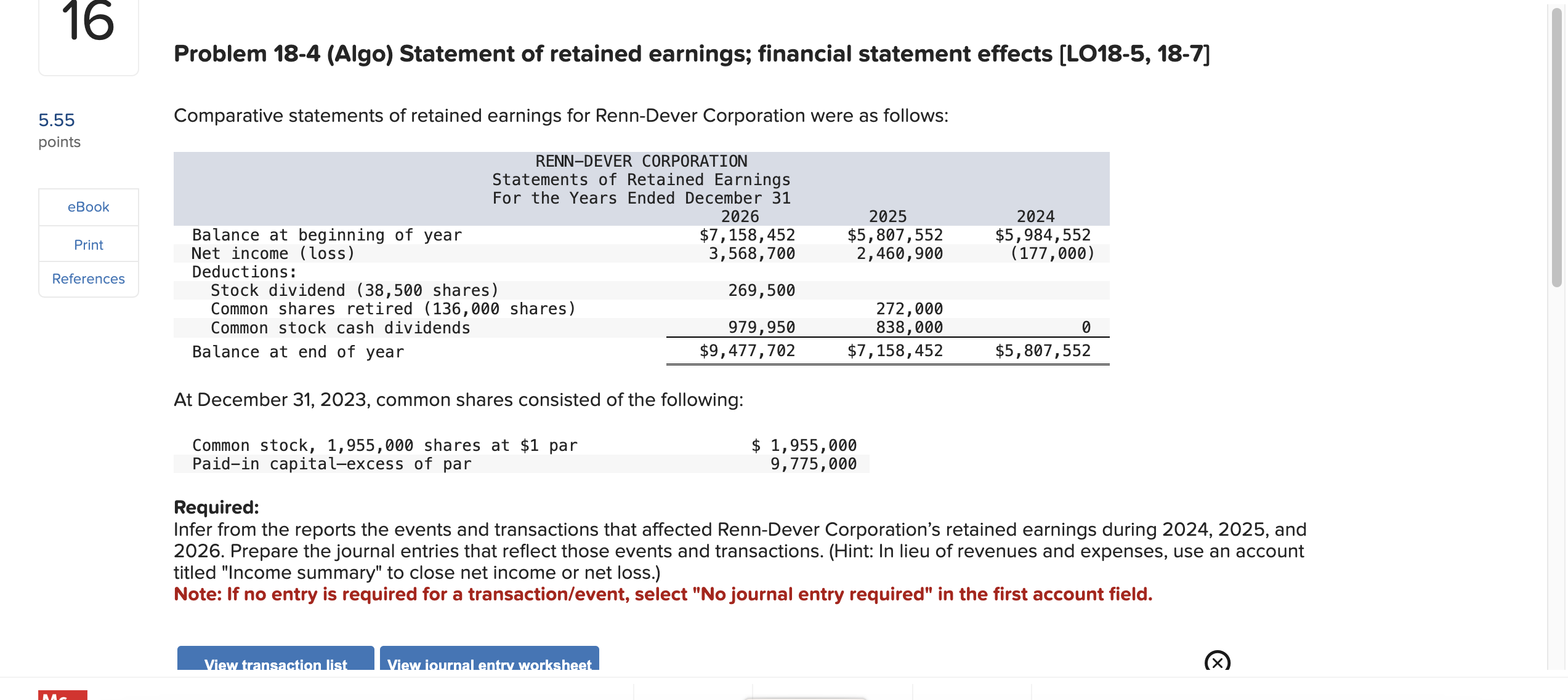 Solved Problem 18-4 (Algo) ﻿Statement of retained earnings; | Chegg.com