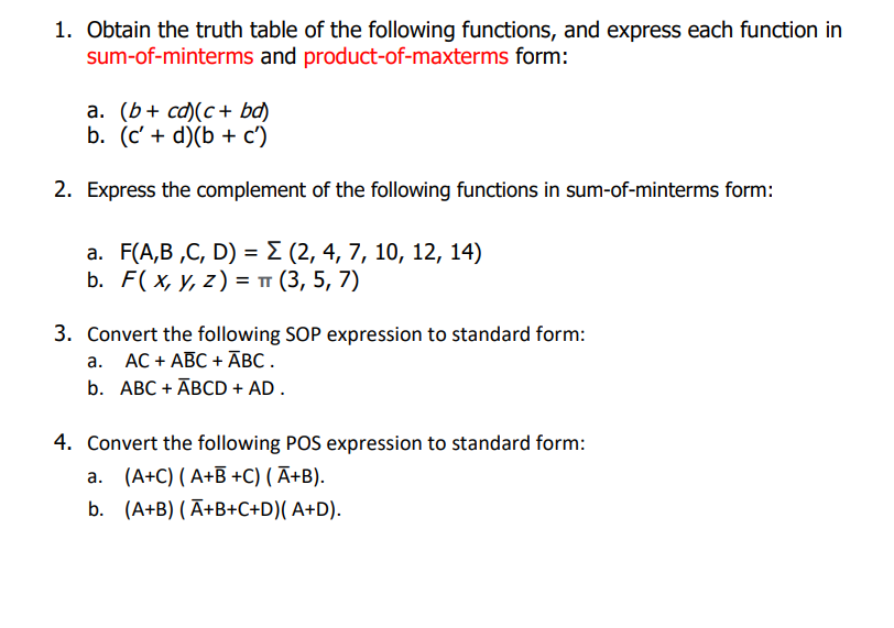 Solved 1. Obtain The Truth Table Of The Following Functions, | Chegg.com