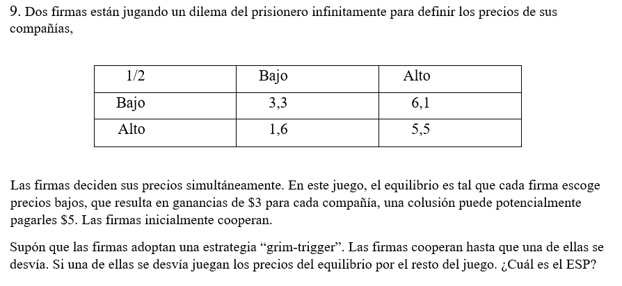 9. Dos firmas están jugando un dilema del prisionero infinitamente para definir los precios de sus compañías, Las firmas deci