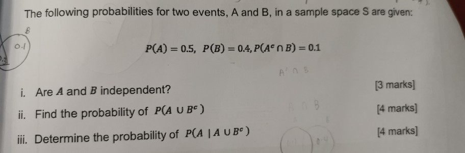 Solved The Following Probabilities For Two Events A And Chegg Com