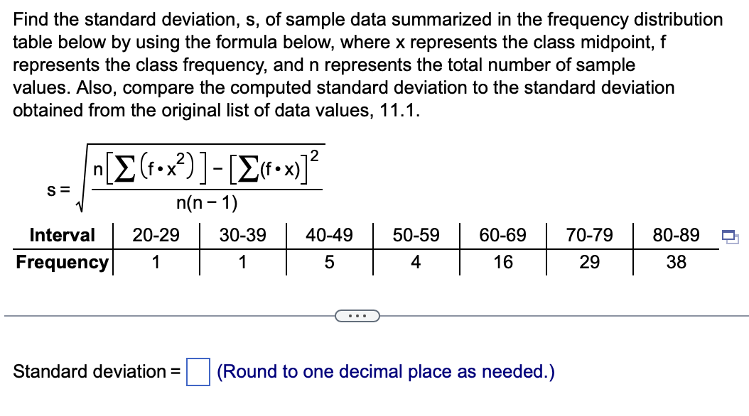 Solved Find the standard deviation, s, of sample data | Chegg.com