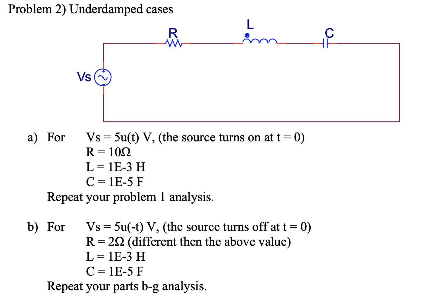 Solved Problem 2) Underdamped cases L R WW C HH Vs = = = a)