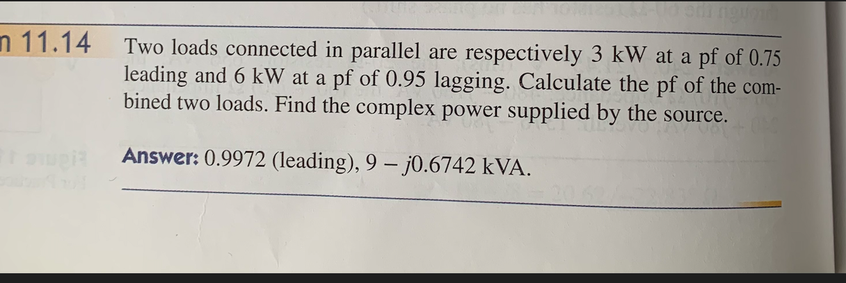 Solved n 11.14 Two loads connected in parallel are | Chegg.com