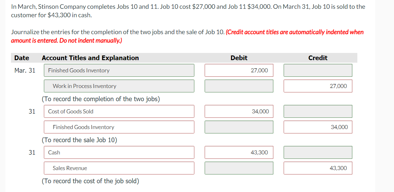 Solved In March, Stinson Company completes Jobs 10 and 11.