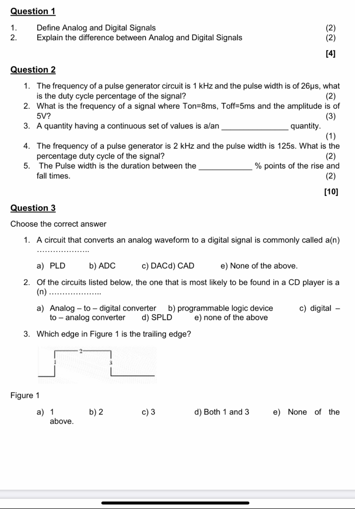 Solved Question 1 1. Define Analog and Digital Signals 2. | Chegg.com