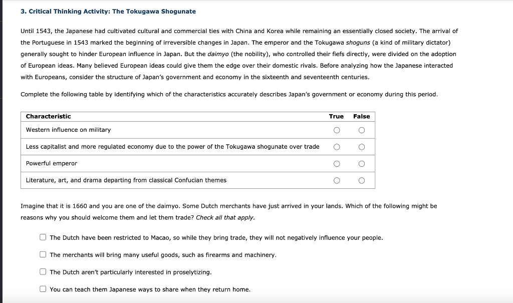 3 critical thinking activity the tokugawa shogunate