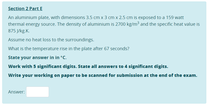 Solved Section 2 Part E An Aluminium Plate With Dimensions Chegg Com