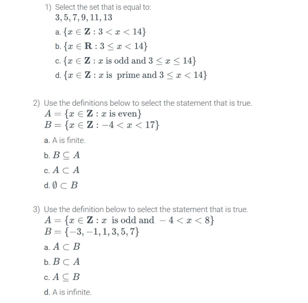 Solved 1) Select the set that is equal to: 3,5,7,9,11,13 a. | Chegg.com