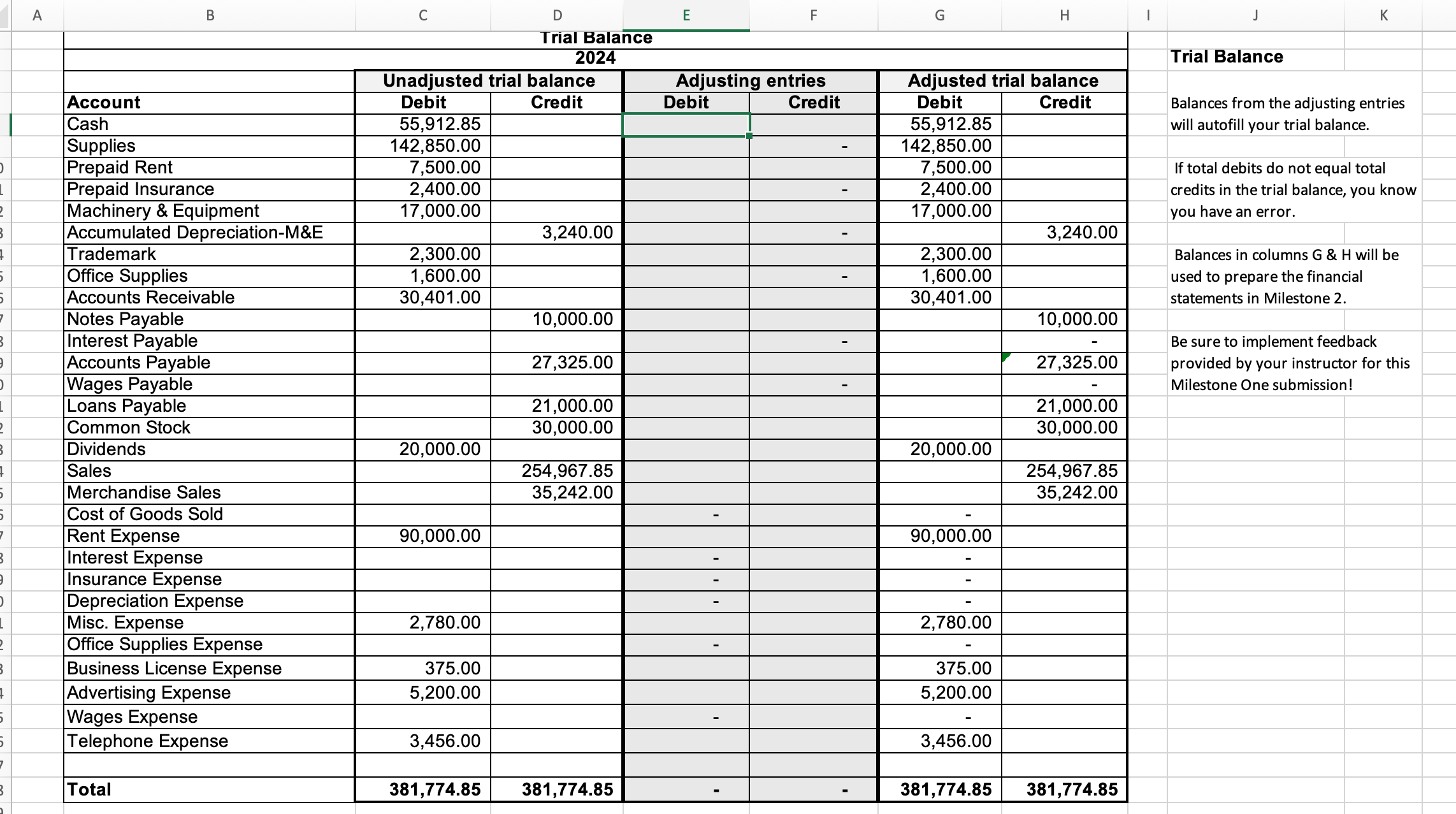 A B C D E G H K Trial Balañce 2024 Trial Balance | Chegg.com