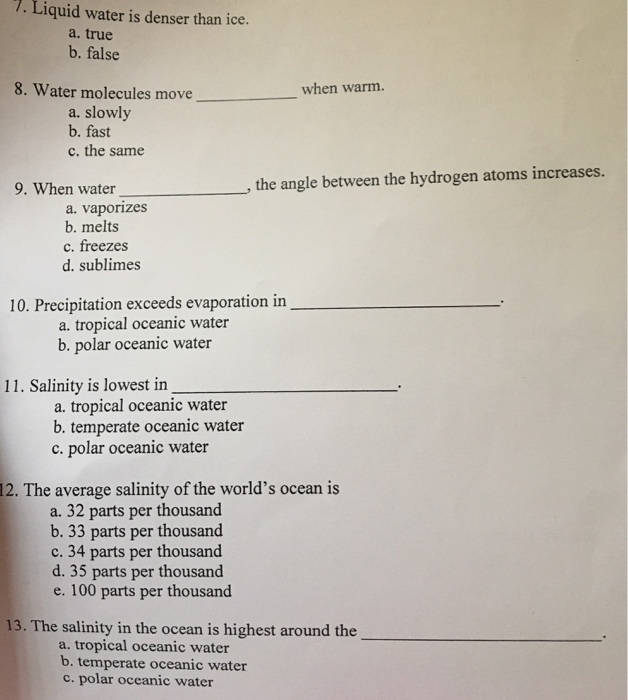 Solved Liquid water is denser than ice. true false when