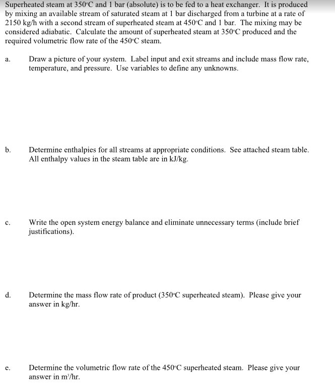 Solved Superheated steam at 350∘C and 1 bar (absolute) is to