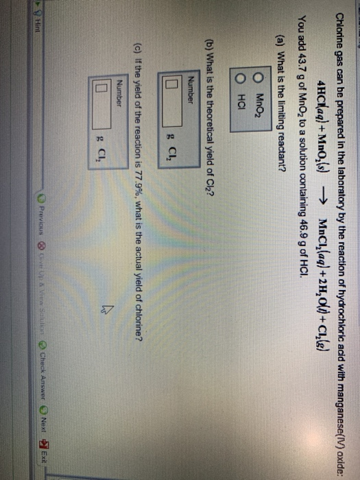 Solved chlorine gas can be prepared in the laboratory by the