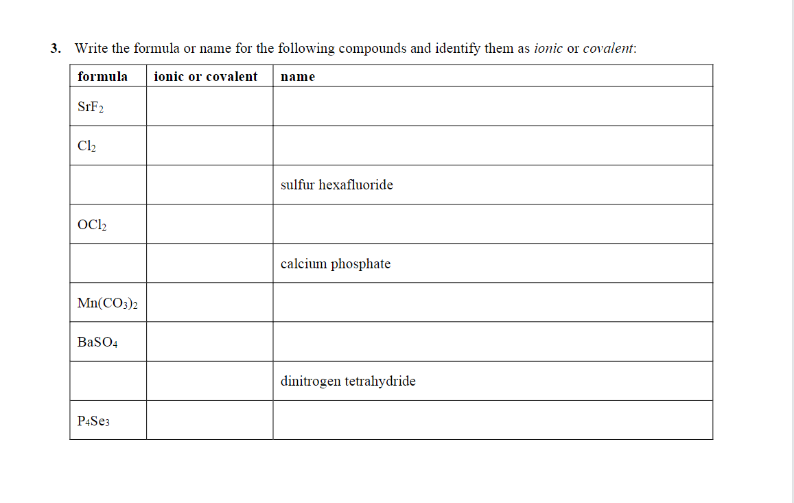 Solved Write the formula or name for the following compounds | Chegg.com