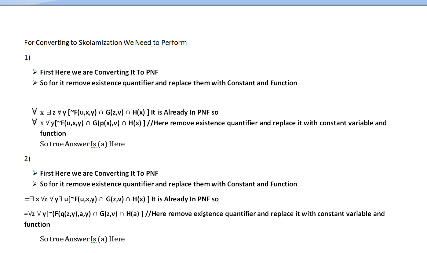 Solved Choose Correct Skolemization Following Formula Formula Skolemized Formula Vazzly F U X Y G Q