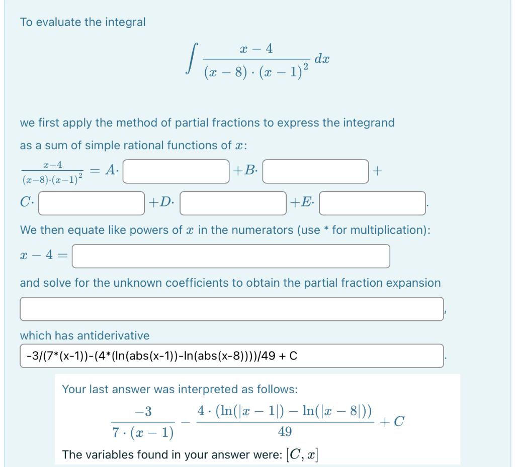Solved To evaluate the integral ∫(x−8)⋅(x−1)2x−4dx we first | Chegg.com