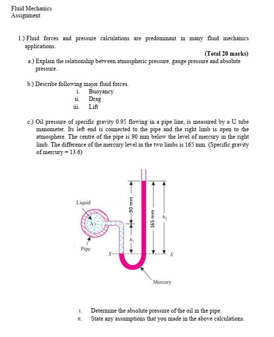 Solved Fluid Mechanics Assignment 1.) Fluid Forces And | Chegg.com