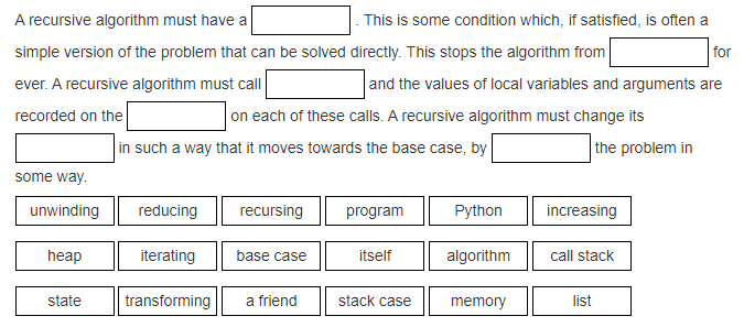 Solved for A recursive algorithm must have a This is some | Chegg.com