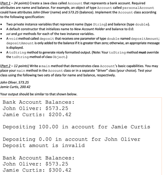 Solved (Part 1 - 24 points) Create a Java class called | Chegg.com