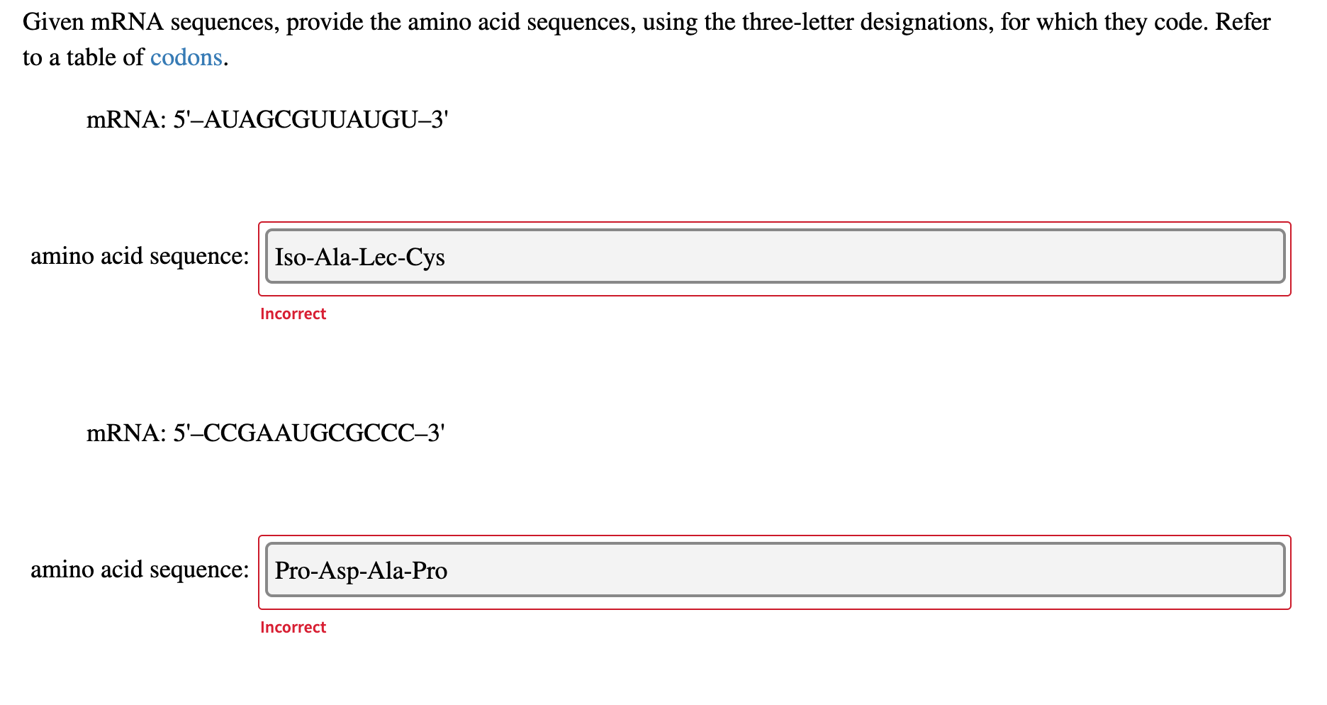 Solved Given mRNA sequences, provide the amino acid