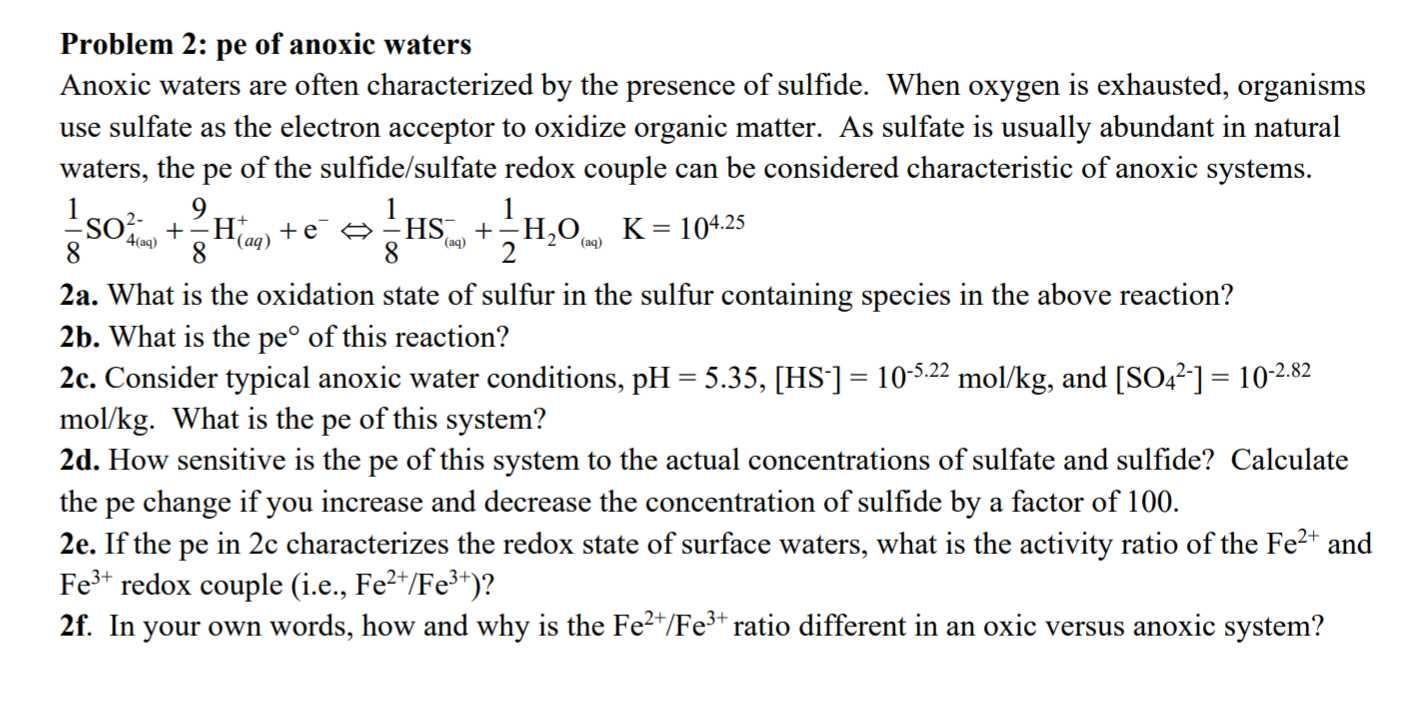 Solved son ., 4(aq) Problem 2: pe of anoxic waters Anoxic | Chegg.com