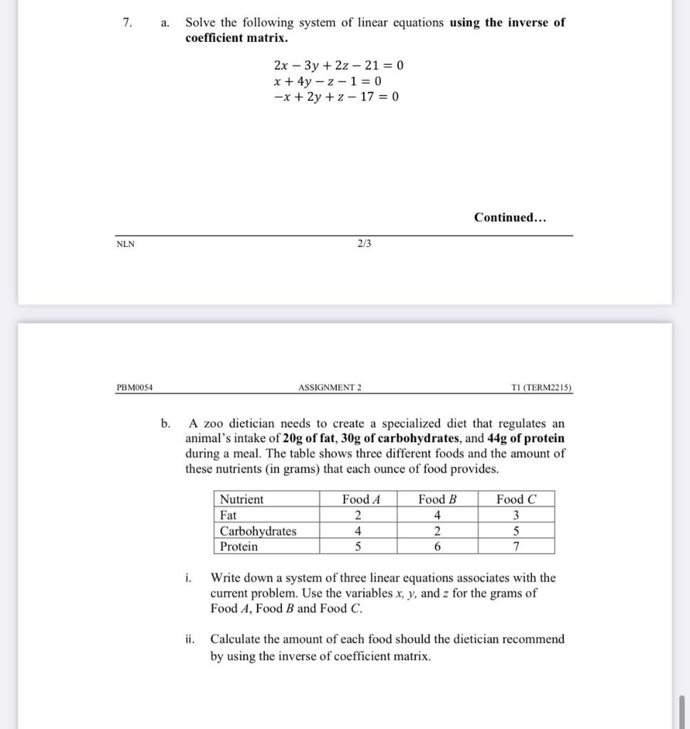Solved a. Solve the following system of linear equations | Chegg.com