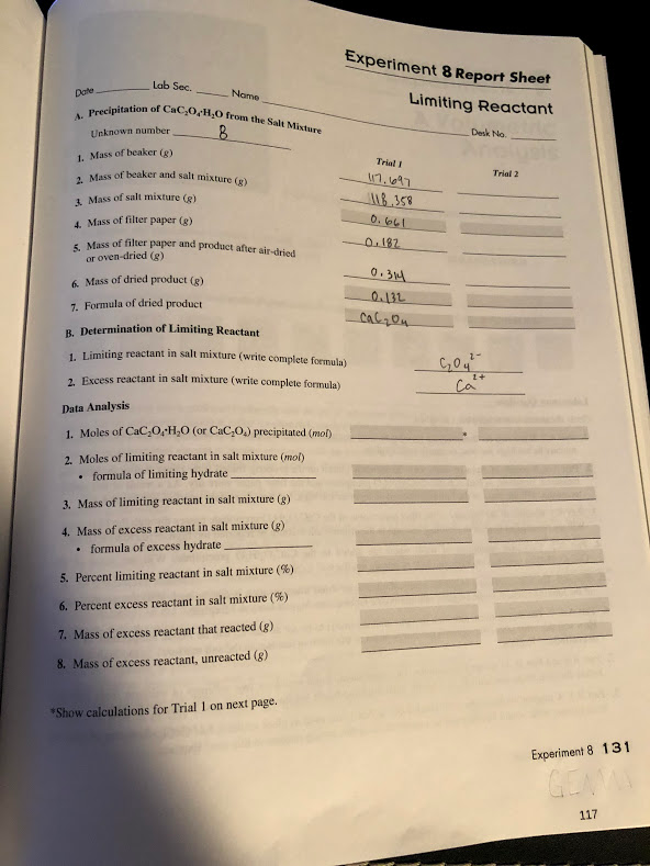 Solved Experiment 8 Report Sheet Lab Sec Name Tion Of Cac4h