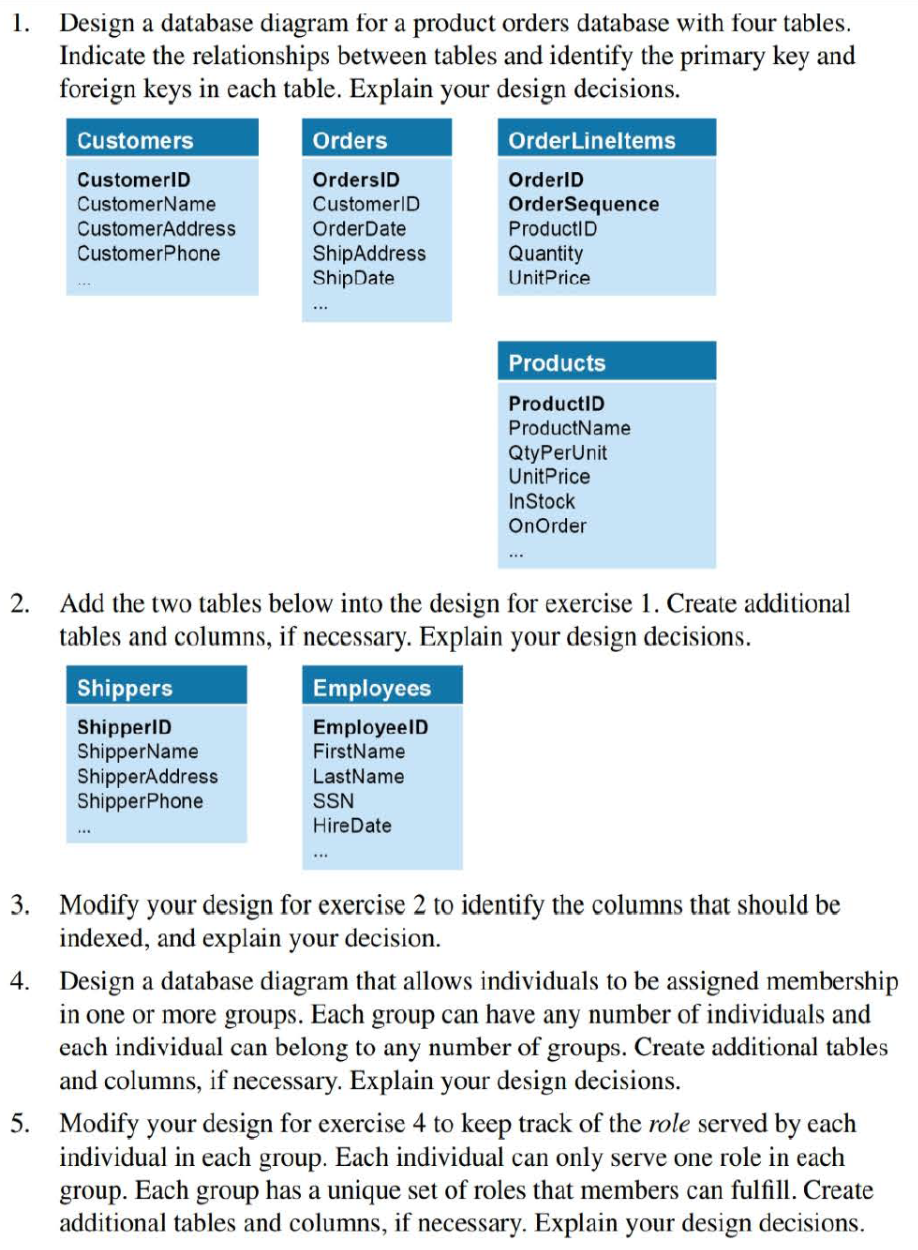 1. Design a database diagram for a product orders database with four tables. Indicate the relationships between tables and id