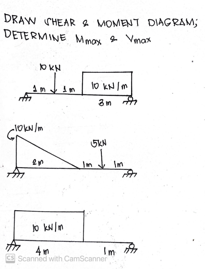 DRAW SHEAR \& MOMENT DIAGRAM; DETERMINE \( M_{\max } \) \& \( V_{\text {max }} \)