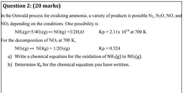 Solved Question 2: (20 marks) In the Ostwald process for | Chegg.com