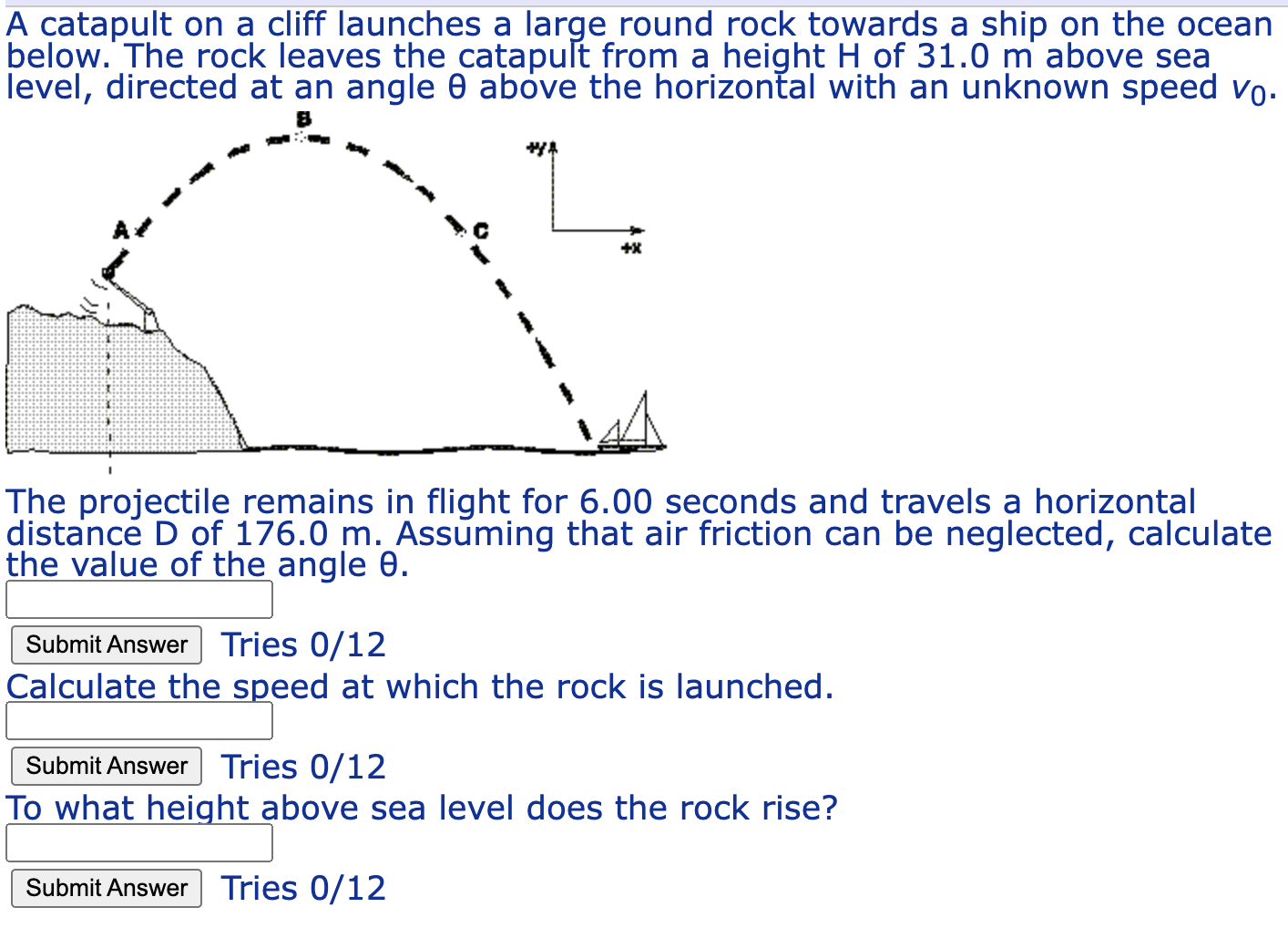 Solved A catapult on a cliff launches a large round rock | Chegg.com